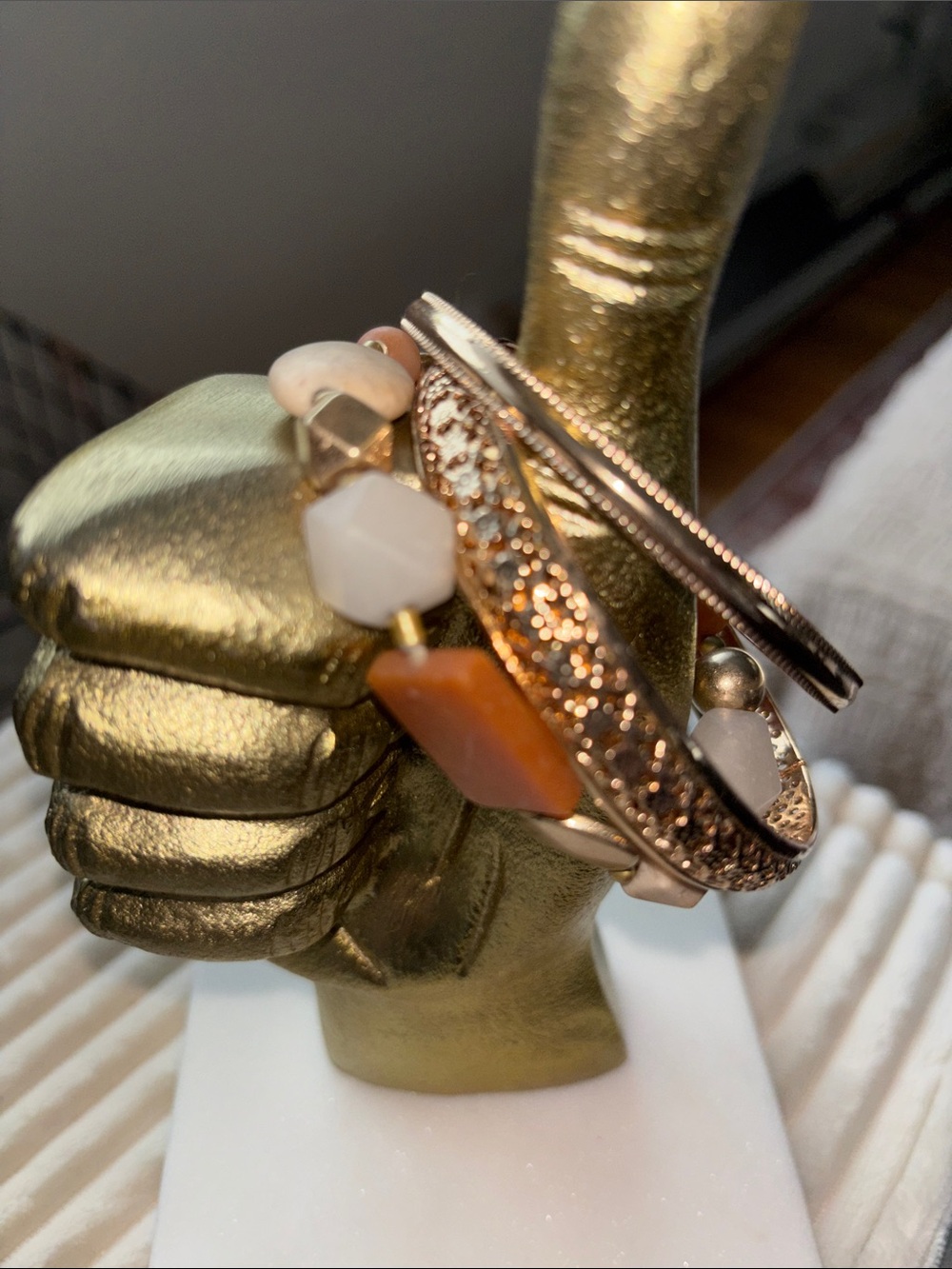 Gold-Tone and Peach Beaded Multi-Row Women’s Bracelet